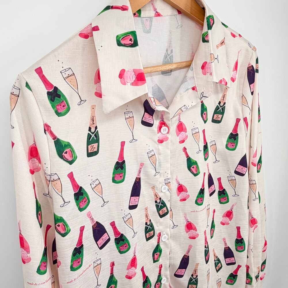 Champagne Bottle Print Button Front Blouse Women’s Medium Pink Novelty Top - Picture 3 of 8